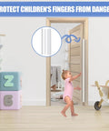 Essential Finger Pinch Door Guard For Toddlers Stops Painful Jam Pinches on door frame with child reaching for it in a home setting.