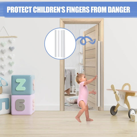Essential Finger Pinch Door Guard For Toddlers Stops Painful Jam Pinches on door frame with child reaching for it in a home setting.
