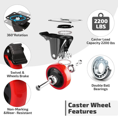5 Inch Industrial Swivel Caster Wheel Set Of 4 With Brakes Heavy Duty Top Plate Casters 2200 Lb Load Capacity feature diagram