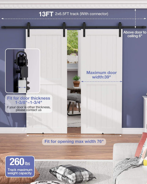 Installed view of 13 Ft Barn Door Hardware Kit For Double Doors, Sliding Track System For Cabinets And Closets in black steel.