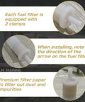 Close-up of in line fuel filter for Mercury Mariner Verado 4 Stroke EFI outboard motors, showing clamps and filter paper detail.