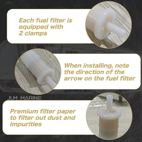 Close-up of in line fuel filter for Mercury Mariner Verado 4 Stroke EFI outboard motors, showing clamps and filter paper detail.