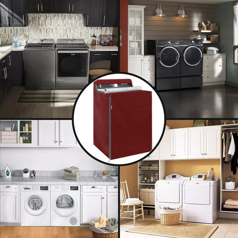 Two Pack Waterproof Washer And Dryer Covers With Zipper For Front Load And Top Load Machines Red Durable Fabric All Weather Protection For Laundry Room 29 Inch Wide 28 Inch Deep 40 Inch High displayed in various laundry settings.