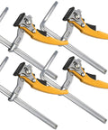 Four Pack Quick Release Ratcheting Table Clamps With Seven Inch Capacity And Two And Three Eighths Inch Throat Depth For MFT Track Saw And Guide Rail Systems Rotating Pressure Pad For Precise Woodworking Heavy Duty Durable Steel Build, four steel clamps