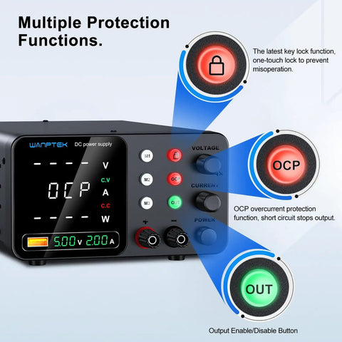 Close-up of DC Bench Power Supply 0 to 30V 0 to 10A Pro Grade Regulated Lab Power Supply With Memory Presets Encoder Knob OCP Protection