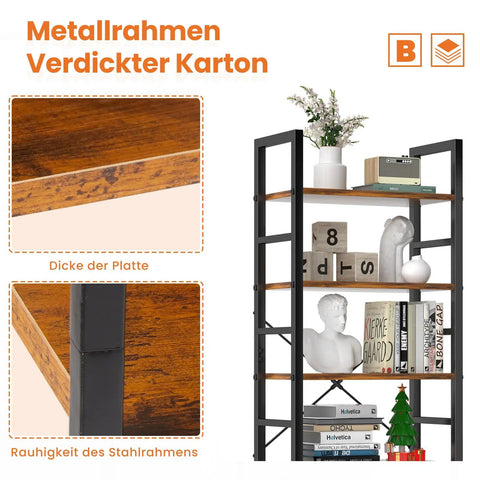 Five Tier Tall Bookshelf Corner Organizer In Brown That Keeps Your Garage Kit CDs Movies And More Neatly Stacked Fits Home Office Living Room Kitchen Or Bedroom Space Saving And Super Easy To Put Together with close-up of shelf thickness and steel frame texture in German.