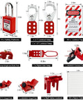 Collection of lockout tagout devices including padlocks, hasps, tags, and circuit breaker locks from the All In One Lockout Tagout Station Kit.