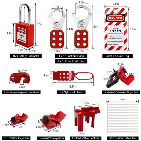 Collection of lockout tagout devices including padlocks, hasps, tags, and circuit breaker locks from the All In One Lockout Tagout Station Kit.