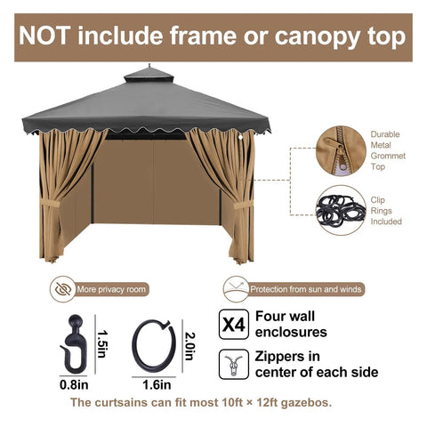 Privacy Curtain Set With Zipper For Outdoor Pavilions Four Panel Side Walls Replacement For Patio Canopy Waterproof UV Resistant Polyester Windproof Rain Shield Khaki 10x12 shown installed on gazebo frame