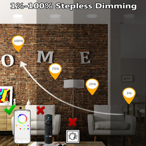 Stepless dimming demonstration for 6 Inch Canless LED Recessed Lights 4 Pack with Junction Box RGBCW 16W 1350lm Dimmable 2700K to 6000K.