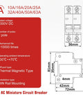 Diagram of AC Miniature Circuit Breaker with specifications, 1000V DC 2-pole, for DIN rail mounting, showing dimensions.
