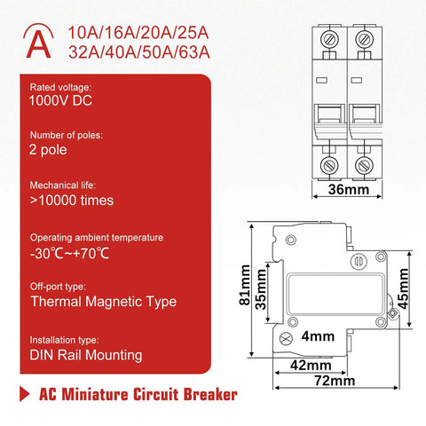 Diagram of AC Miniature Circuit Breaker with specifications, 1000V DC 2-pole, for DIN rail mounting, showing dimensions.