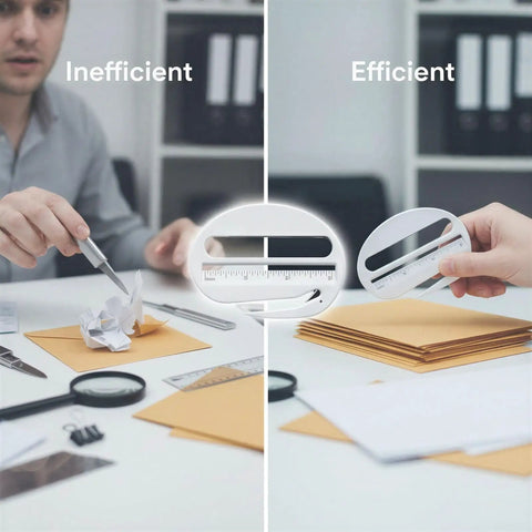 Comparison showing inefficient hand opening vs. efficient 3 In 1 Letter Opener Tool Set With Magnifying Glass And Ruler