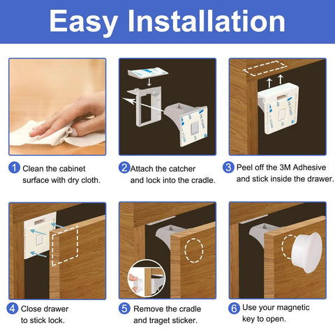 Easy installation steps for Powerful Magnetic Cabinet Locks For Baby Proofing With No Drill Adhesive Install, 10 Locks And 2 Keys.