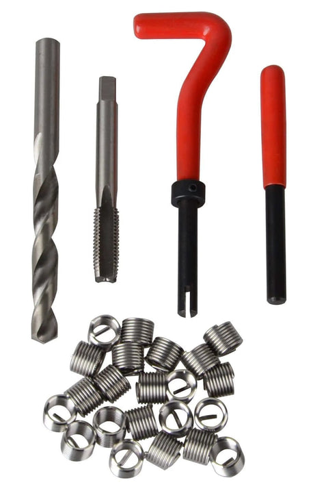 131 Piece Helicoil Thread Repair Kit With HSS Drill Bit And Thread Insert Tool For M5 M6 M8 M10 M12 Threads Fix Damaged Stripped Holes In Soft Metals Pro Grade Rethreading Kit For Home Garage Workshop components on white background.