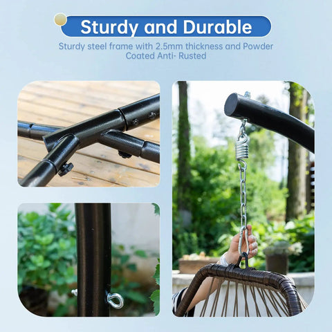 Cozy Outdoor Hanging Egg Chair With Stand And UV Resistant Cushion frame detail showing sturdy steel construction and rust resistance.