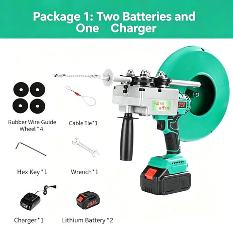 XIVUIFOI Automatic Electric Wire Threader Machine with 2 batteries and charger, rubber guide wheels and accessories for professional use.