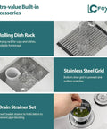 Rolling dish rack, stainless steel grid, and drain strainer shown with Undermount Bar Sink 17 by 19 Inch, 304 Stainless Steel 16 Gauge.