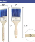 Two Pack Wood Handle Paint Brush Set Featuring 3 Inch Flat And 2.5 Inch Angled Sash Brushes, dimensions and size details