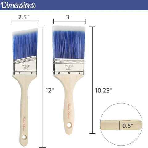Two Pack Wood Handle Paint Brush Set Featuring 3 Inch Flat And 2.5 Inch Angled Sash Brushes, dimensions and size details