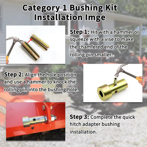 Quick Hitch Adapter Bushings Set for Cat 1 3 Point Tractor Implements Four Piece Bushing Kit with Roll Pins Gold Fits Farm Attachments and Category 1 Tractors for a Snug Secure Connection installed on tractor hitch
