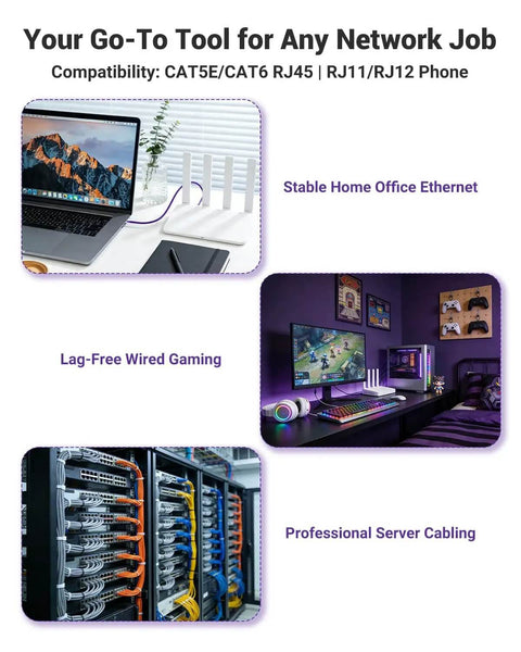 All-In-One RJ45 Pass-Through Crimp Tool Kit For Cat6, Cat5e, And Cat5 Connectors in various network settings