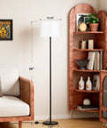 Floor lamp, modern black metal with white drum shade, 60-inch tall, foot pedal switch