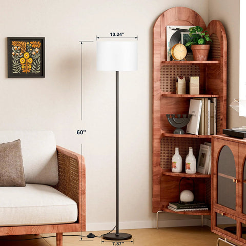 Floor lamp, modern black metal with white drum shade, 60-inch tall, foot pedal switch
