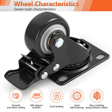 Close-up of 2 Inch Black Mixed Locking And Fixed Casters Set Of 4 With Screws for garage, showing wheel design and dual locking.