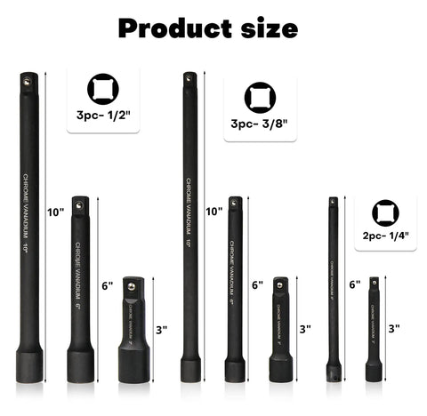 18 Piece Heavy Duty Pro Grade Drive Tool Accessory Set With Extension Bars Socket Adapters Swivel Universal Joints And Impact Coupler For One Quarter Inch Three Eighths Inch And One Half Inch Drives, showing varying sizes of Chrome-Vanadium extension bars and adapters.