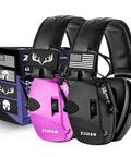 Electronic Shooting Earmuffs With Ambient Sound Amplifier And 23 Decibel NRR Hearing Protection For Shooters On The Range Great For Hunting And All Day Range Sessions With Clear Conversation And Lasting Comfort, pink and black pair with USA flag on headband
