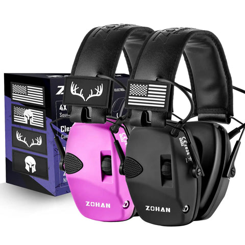 Electronic Shooting Earmuffs With Ambient Sound Amplifier And 23 Decibel NRR Hearing Protection For Shooters On The Range Great For Hunting And All Day Range Sessions With Clear Conversation And Lasting Comfort, pink and black pair with USA flag on headband