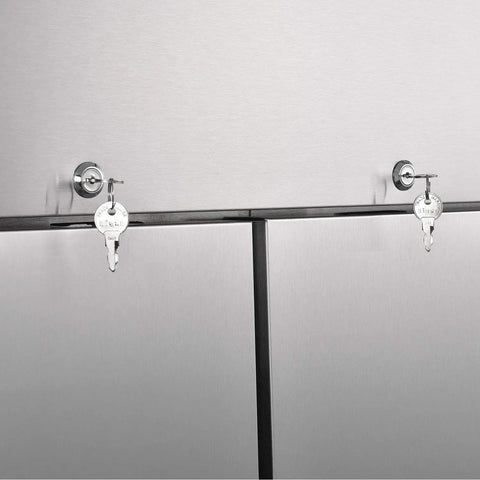 Real Deal Heavy Duty Two Door Reach In Freezer 47 Cubic Feet Capacity Built Tough Stainless Steel Body key lock detail