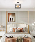 Elegant bedroom with modern chandelier, gold and black finish, complementing decor, Gold And Black Mid Century Sputnik Semi Flush Mount Ceiling Light Fixture With Four Lights For Bedroom Hallway And Entryway UL Certified Modern Chandelier Bold Statement Lighting visible