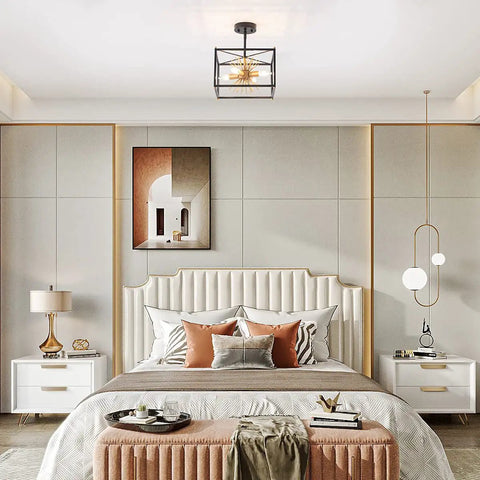 Elegant bedroom with modern chandelier, gold and black finish, complementing decor, Gold And Black Mid Century Sputnik Semi Flush Mount Ceiling Light Fixture With Four Lights For Bedroom Hallway And Entryway UL Certified Modern Chandelier Bold Statement Lighting visible
