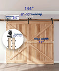 12 Ft Single Track Bypass Sliding Barn Door Hardware Kit Featuring Heavy Duty Black Powder Coated Aluminum Track With Precision Ball Bearings That Slide Like Butter for a Flawless Smooth Operation and Stylish Look with measurements and details.