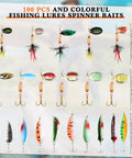 Various lures from 100 Piece Spinner Lures Kit With Metal Trout Spoons Spinnerbaits And Baits Includes 4 Tackle Boxes For Salmon Bass Walleye And Crappie Fishing All In One Set displayed vertically with measurements in inches
