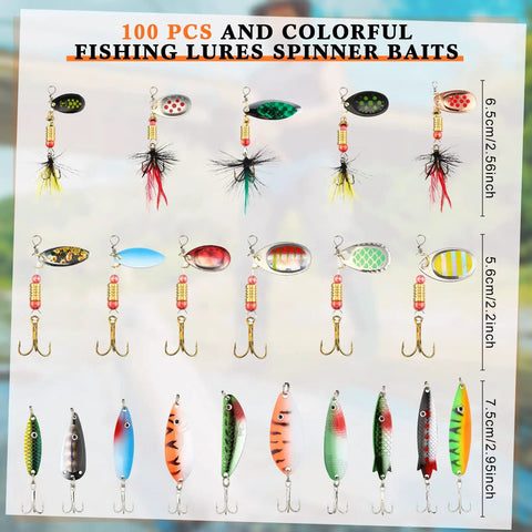 Various lures from 100 Piece Spinner Lures Kit With Metal Trout Spoons Spinnerbaits And Baits Includes 4 Tackle Boxes For Salmon Bass Walleye And Crappie Fishing All In One Set displayed vertically with measurements in inches