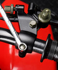 Dual Cable Right Brake Lever For ATV Quad Go Kart Gasoline E Bike With Brake Switch Fits Seven Eighths Inch Handlebars Works With Disc Or Drum Brakes Lets You Control Front And Rear Brakes At Once shown from top angle attached to handlebars