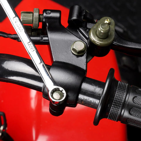 Dual Cable Right Brake Lever For ATV Quad Go Kart Gasoline E Bike With Brake Switch Fits Seven Eighths Inch Handlebars Works With Disc Or Drum Brakes Lets You Control Front And Rear Brakes At Once shown from top angle attached to handlebars