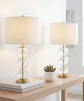 Clear Glass Triple-Sphere Table Lamps Set Of 2 With Brass Accents And White Linen Shade 27-Inch Tall Modern Bedside Lamps