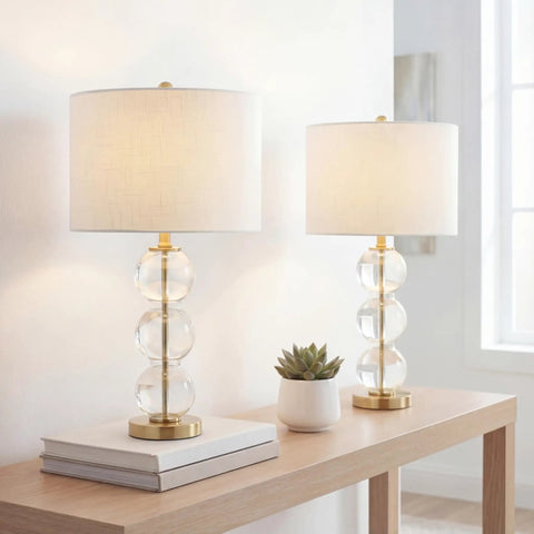 Clear Glass Triple-Sphere Table Lamps Set Of 2 With Brass Accents And White Linen Shade 27-Inch Tall Modern Bedside Lamps