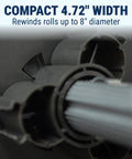 GoDEX T10 Label Rewinder Machine For Desktop And Industrial Printers Featuring Variable Speed Control Zero Drama Roll Catcher showing compact width and roll sizes.