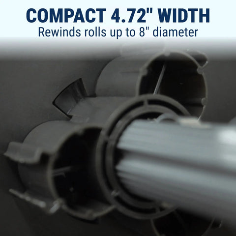 GoDEX T10 Label Rewinder Machine For Desktop And Industrial Printers Featuring Variable Speed Control Zero Drama Roll Catcher showing compact width and roll sizes.