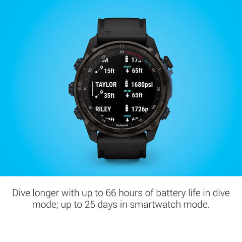 Descent Mk3i 51mm Dive Computer And Multisport GPS Smartwatch With Air Integration showing dive data on AMOLED display