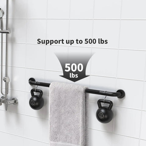 Hella Sturdy Extra Long Matte Black Safety Grab Bar featuring knurled anti slip grip and premium 304 stainless steel; supports 500 lbs.