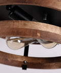 Close-up of 2 Light Rustic Oak Wood Round Drum Ceiling Light Fixture showing bulb detail and oak finish.