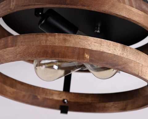 Close-up of 2 Light Rustic Oak Wood Round Drum Ceiling Light Fixture showing bulb detail and oak finish.