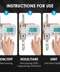 Instructions for use of Heavy Duty Digital Crane Scale 1100 Lbs Capacity with backlit display and control buttons.