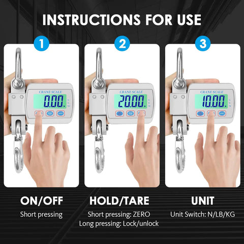 Instructions for use of Heavy Duty Digital Crane Scale 1100 Lbs Capacity with backlit display and control buttons.